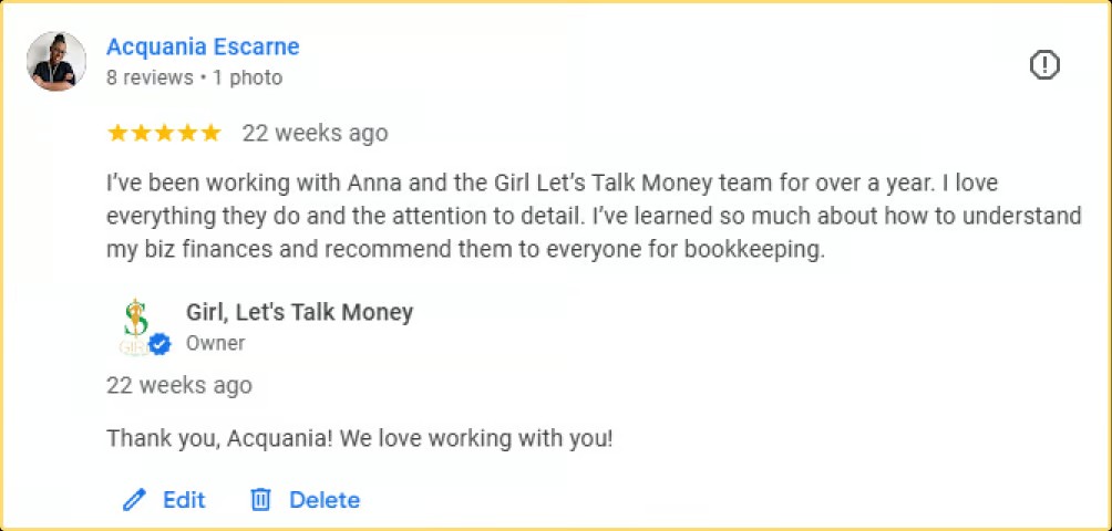 Google review from Acquania Escarne