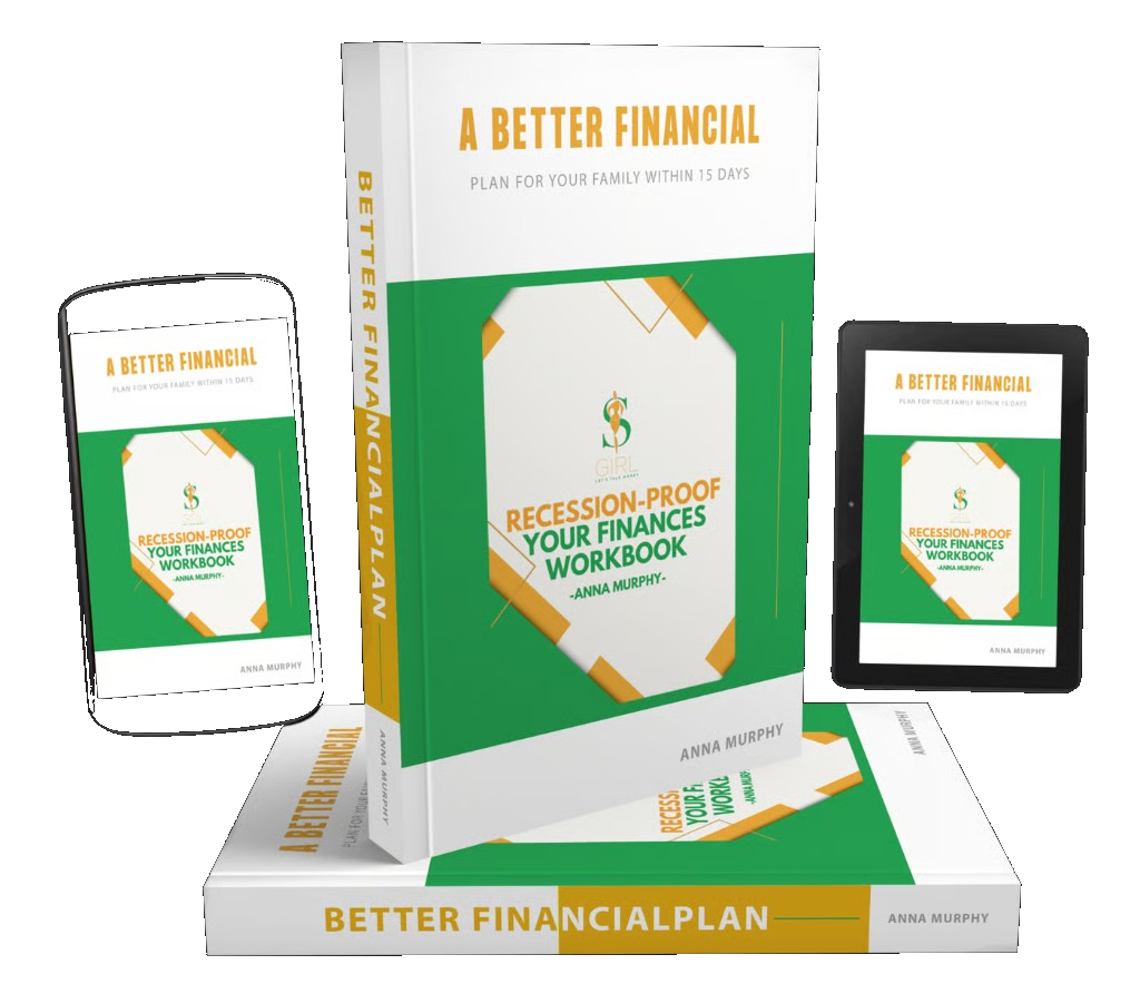Financial Budget Planner - Recession-Proof Your Finances Workbook on book, phone, and tablet